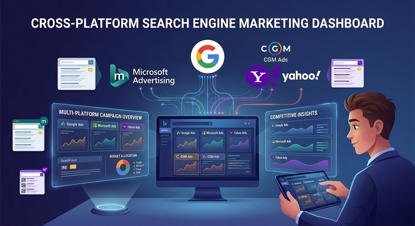 Cross-platform search engine marketing dashboard — Google, Microsoft, Yahoo, and CGM Ads